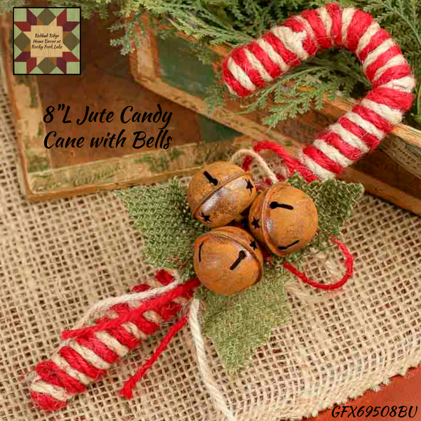 Christmas Jute Candy Cane with Bells 8"L