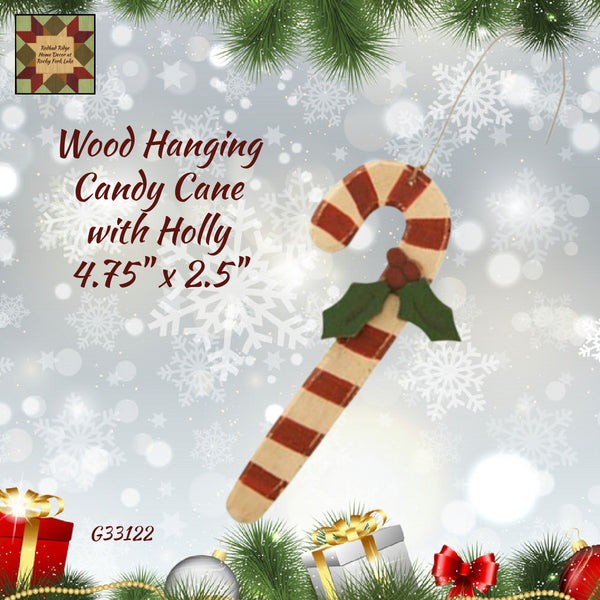 Hanging Wood Candy Cane with Holly 4.75"
