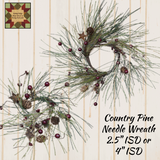 Wreath Country Pine Needle Long Needle, Berries & Rusty Stars 2" or 4" ISD