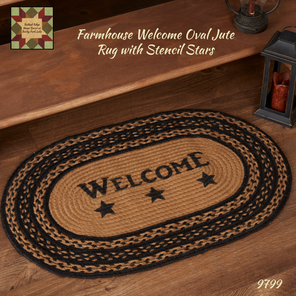 Farmhouse Jute Oval Rug Stencil Welcome & Stars 20" x 30"