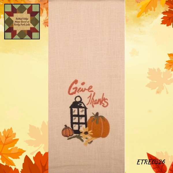 Fall Give Thanks Towel with Embroidered Lantern & Pumpkin