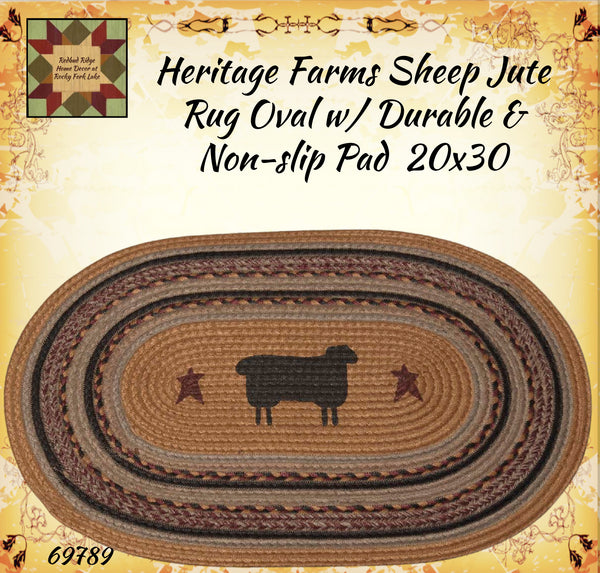 Heritage Farms Sheep Jute Rug Half or Oval w/ Durable & Non-slip Pad