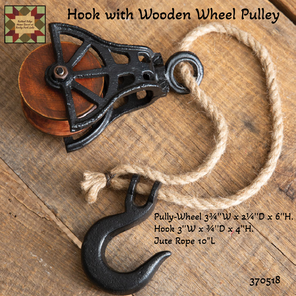 Wooden Wheel Pulley with Hook and Jute Rope