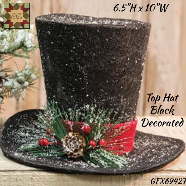 Christmas Top Hat Black Decorated 6.5"Hx10"W