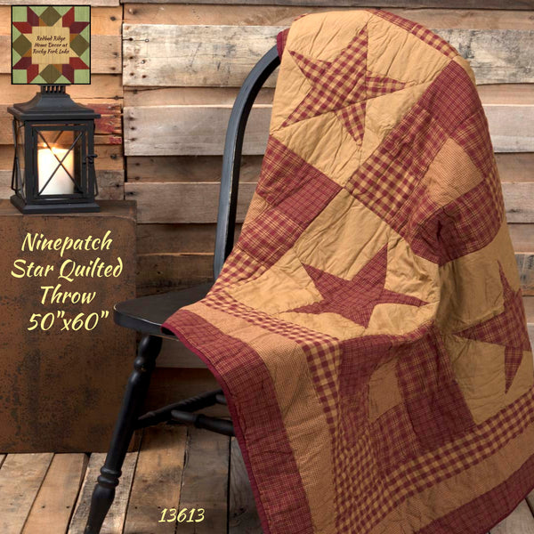 Ninepatch Burgundy/Khaki Star Quilted Throw 60x50