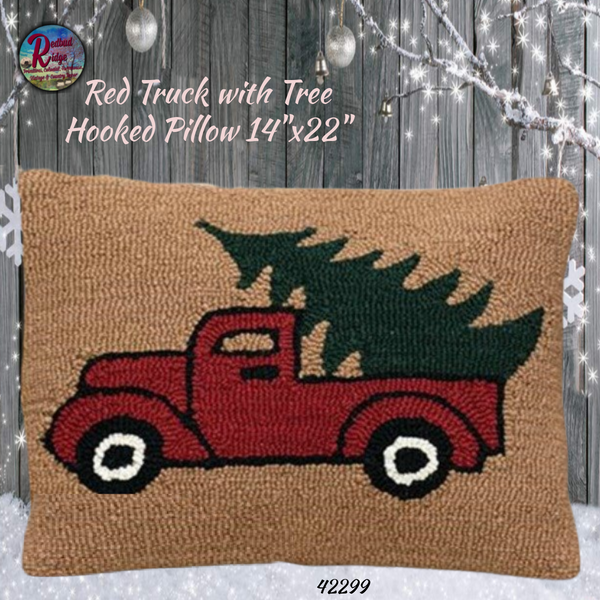 Vintage Red Truck with Tree Hooked Pillow 14"x18"
