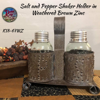 Punch Tin Caddy Including Salt and Pepper Shakers Weathered Brown
