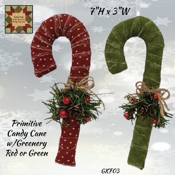 Primitive Candy Cane Ornament w/Greenery