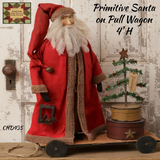 Santa Primitive Holding a Lantern on Wood Pull Wagon