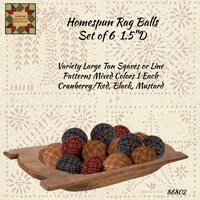 Homespun Rag Balls 1.5"D Set of 6 Cranberry/Red, Black & Mustard Print