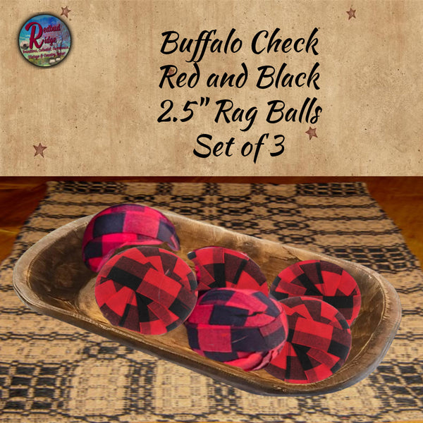 Buffalo Plaid Red & Black Rag Balls 2.5" 3/Set