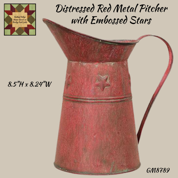 Distressed Red Metal Pitcher with Embossed Stars