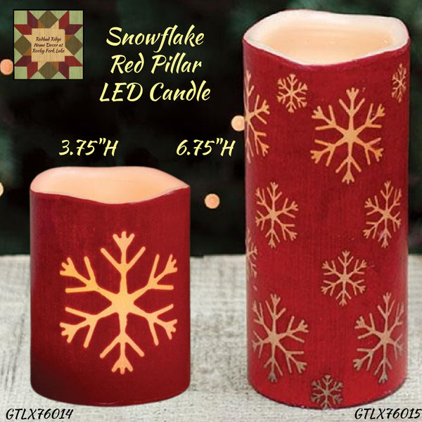 Christmas Snowflake Red Pillar Timer Candle 6.75"H or 3.75"H