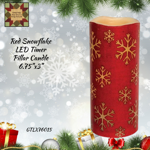 Christmas Snowflake Red Pillar Timer Candle 6.75"H or 3.75"H