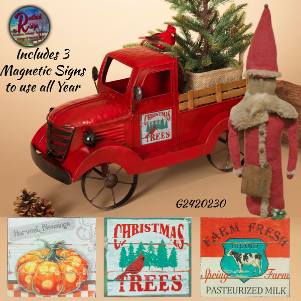 Red Truck Farm Rustic Metal Antiqued With Seasonal Magnet Signs 19"L
