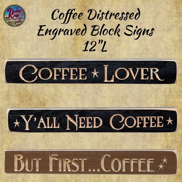 Coffee Distressed Engraved Signs, 12" Assorted Styles