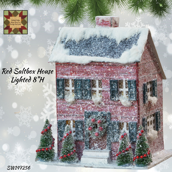 Christmas Light Up Snowy 8" Red Saltbox House Folk Art