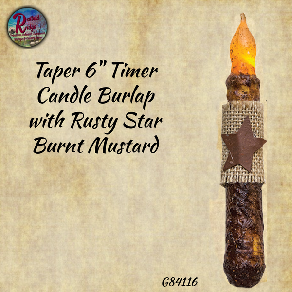Candle Taper 6" Timer Burlap with Rusty Star Burnt Mustard
