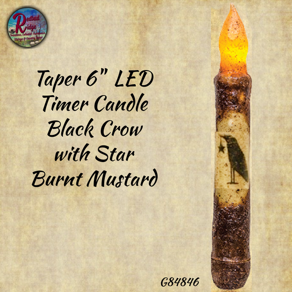 Candle Taper 6" Timer Black Crow LED Burnt Mustard