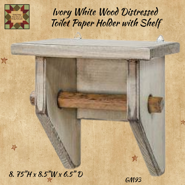 Ivory White Wood Distressed Toilet Paper Holder with Shelf