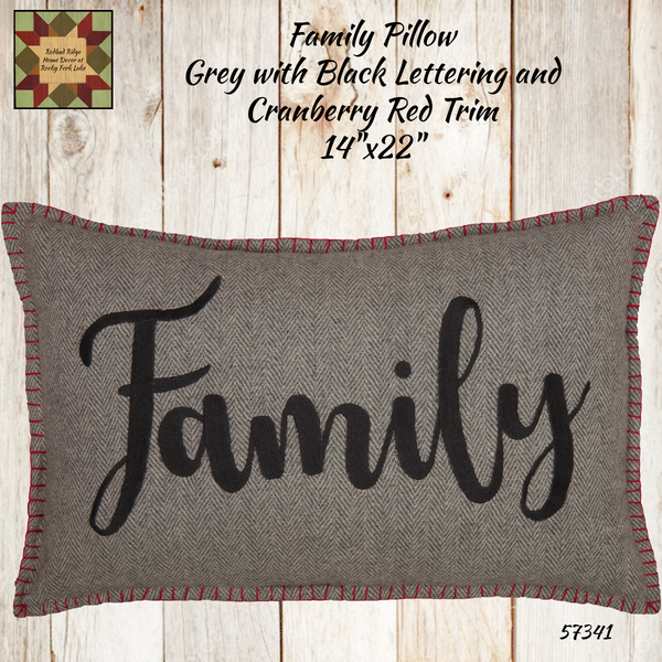 Family Pillow Black & Gray Trimmed in Cranberry Red