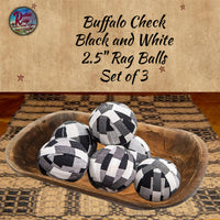 Buffalo Plaid Black & White Rag Balls 2.5"D 3/Set