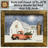 Rustic Lath Framed Wintry Weather Red Truck