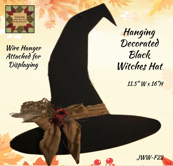 Decorated Wood Black Hanging Witch's Hat 16"H