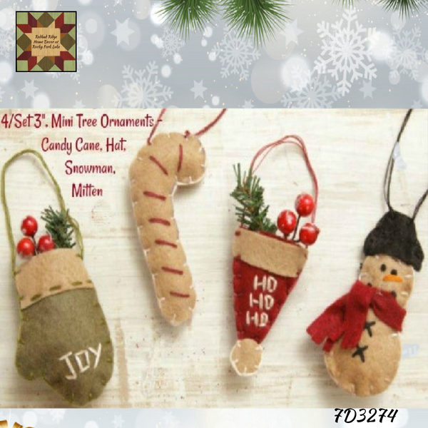 Christmas Set of 4 Candy Cane, Mitten, Snowman & Santa Hat