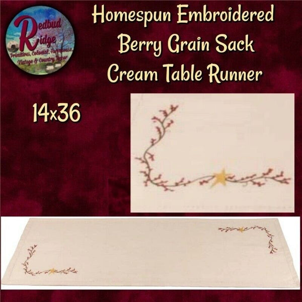 Homespun Embroidered Berry Grain Sack Cream Table Runner 14x36