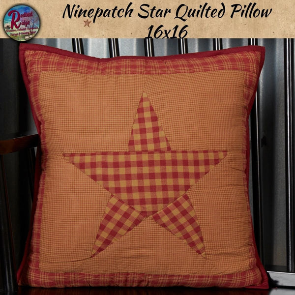 Pillow Quilted Burgundy Check Star 16"x16" ~ Ninepatch Bedding Collection