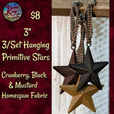 NEW 3" Hanging Primitive Stars 3/Set Black, Cranberry & Mustard 3D
