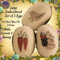 Embroidered Fabric Eggs Set of 3 Chick, Carrots & Bunny