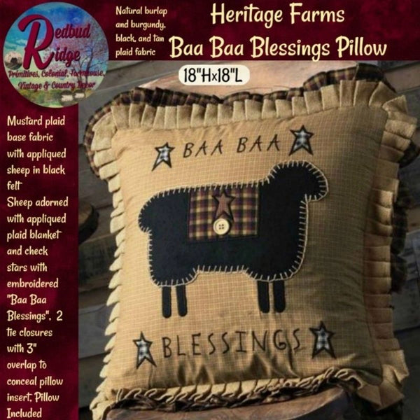 Primitive Folk Art Baa Baa Blessings Sheep Pillow 18"