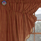 Burgundy Check Scalloped Prairie Curtains 2 Panel Set 63x36x18