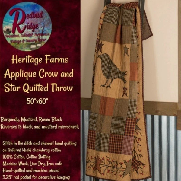 Primitive Heritage Farms CROW STAR BERRY VINE Patchwork Quilt Blanket Throw