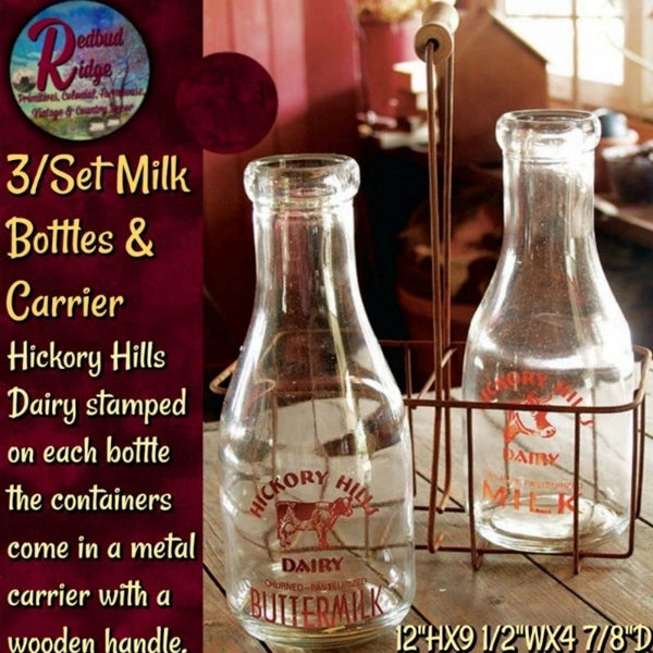*Farmhouse Vintage Style 2 Milk Bottles w/Metal Carrier Hickory Hills Farm Dairy
