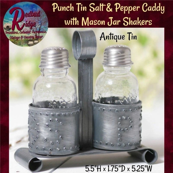 Punch Tin Salt & Pepper Caddy w/Mason Jar Shakers