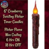 Taper Candle Twisting Grungy Flicker Flame 6" Timer Cranberry, Burnt Ivory & Burnt Mustard