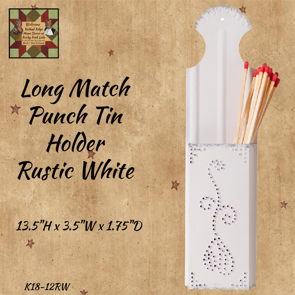 Long Match Holder Punch Tin Rustic White