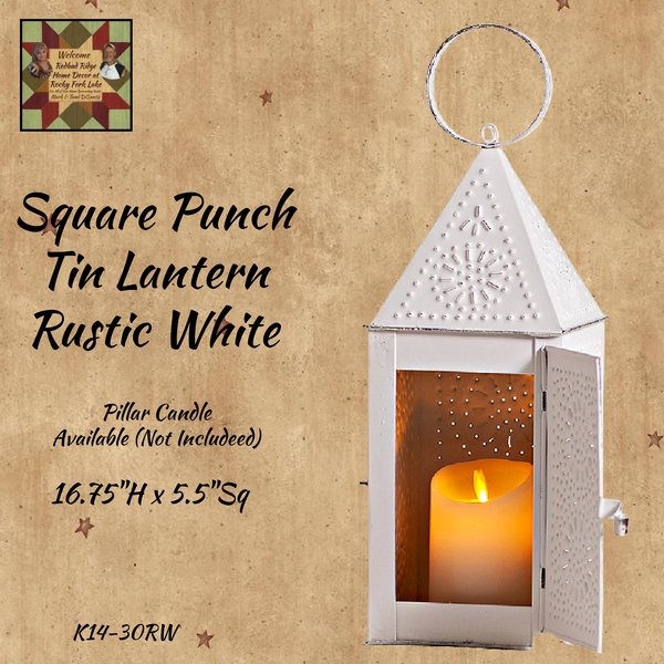 Square Lantern w/Door Punch Tin Rustic White